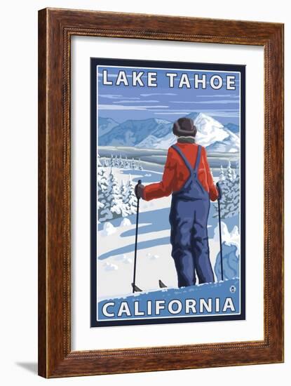 Skier Admiring, Lake Tahoe, California-Lantern Press-Framed Art Print