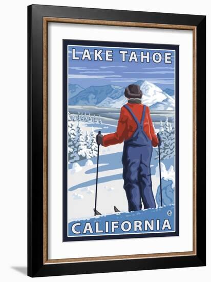 Skier Admiring, Lake Tahoe, California-Lantern Press-Framed Art Print