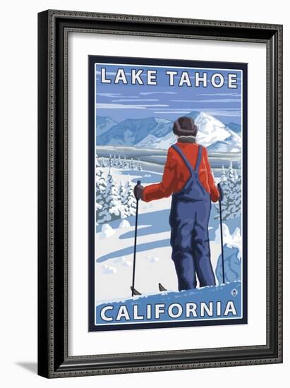 Skier Admiring, Lake Tahoe, California-Lantern Press-Framed Art Print