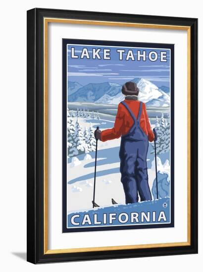 Skier Admiring, Lake Tahoe, California-Lantern Press-Framed Art Print