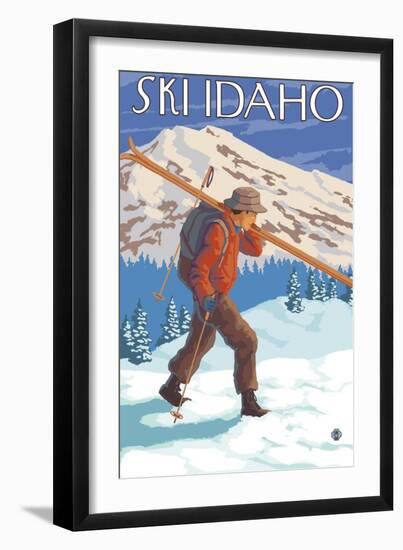 Skier Carrying Snow Skis, Idaho-Lantern Press-Framed Art Print