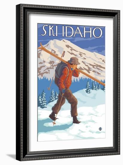 Skier Carrying Snow Skis, Idaho-Lantern Press-Framed Art Print