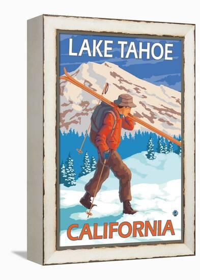 Skier Carrying Snow Skis, Lake Tahoe, California-Lantern Press-Framed Stretched Canvas