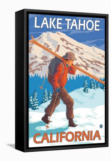 Skier Carrying Snow Skis, Lake Tahoe, California-Lantern Press-Framed Stretched Canvas