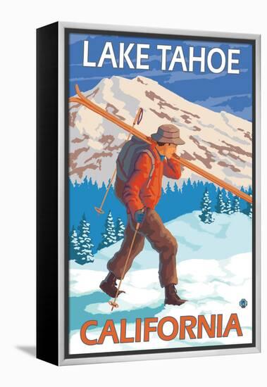 Skier Carrying Snow Skis, Lake Tahoe, California-Lantern Press-Framed Stretched Canvas