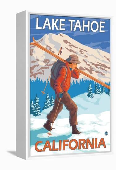 Skier Carrying Snow Skis, Lake Tahoe, California-Lantern Press-Framed Stretched Canvas