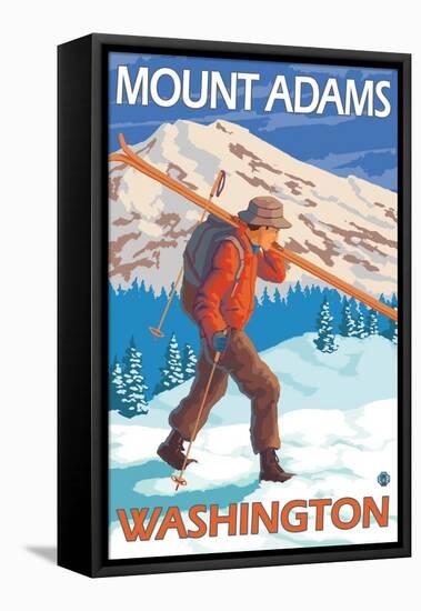 Skier Carrying Snow Skis, Mount Adams, Washington-Lantern Press-Framed Stretched Canvas