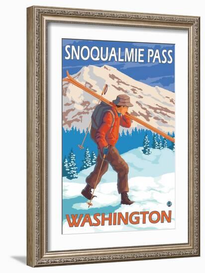 Skier Carrying Snow Skis, Snoqualmie Pass, Washington-Lantern Press-Framed Art Print
