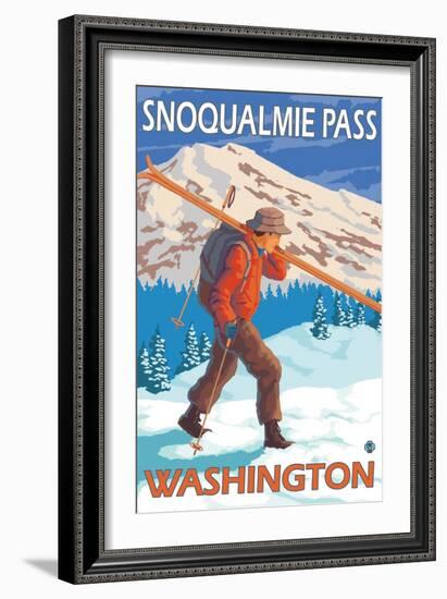 Skier Carrying Snow Skis, Snoqualmie Pass, Washington-Lantern Press-Framed Art Print