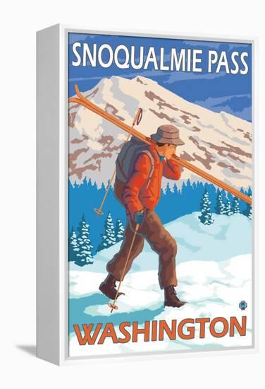 Skier Carrying Snow Skis, Snoqualmie Pass, Washington-Lantern Press-Framed Stretched Canvas