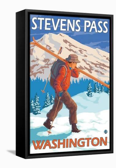 Skier Carrying Snow Skis, Stevens Pass, Washington-Lantern Press-Framed Stretched Canvas