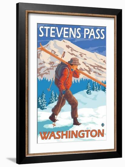 Skier Carrying Snow Skis, Stevens Pass, Washington-Lantern Press-Framed Art Print