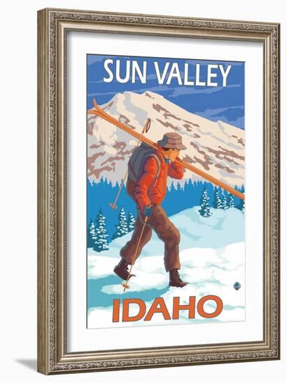 Skier Carrying Snow Skis, Sun Valley, ID-Lantern Press-Framed Art Print