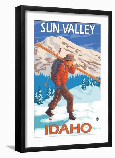 Skier Carrying Snow Skis, Sun Valley, ID-Lantern Press-Framed Art Print