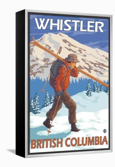 Skier Carrying Snow Skis, Whistler, BC Canada-Lantern Press-Framed Stretched Canvas