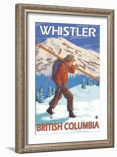 Skier Carrying Snow Skis, Whistler, BC Canada-Lantern Press-Framed Art Print