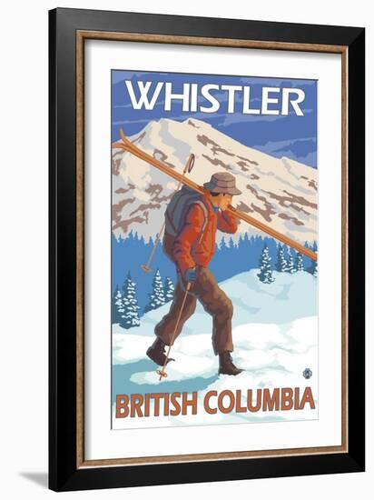 Skier Carrying Snow Skis, Whistler, BC Canada-Lantern Press-Framed Art Print