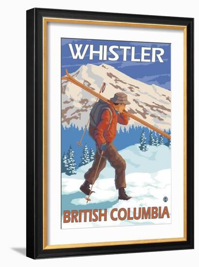 Skier Carrying Snow Skis, Whistler, BC Canada-Lantern Press-Framed Art Print