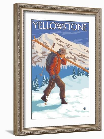 Skier Carrying Snow Skis, Yellowstone National Park-Lantern Press-Framed Art Print