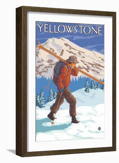 Skier Carrying Snow Skis, Yellowstone National Park-Lantern Press-Framed Art Print