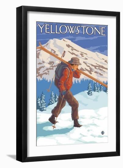 Skier Carrying Snow Skis, Yellowstone National Park-Lantern Press-Framed Art Print
