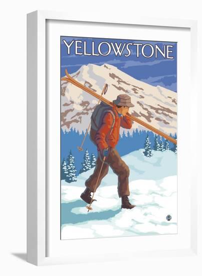 Skier Carrying Snow Skis, Yellowstone National Park-Lantern Press-Framed Art Print