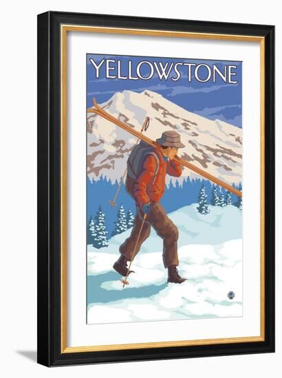 Skier Carrying Snow Skis, Yellowstone National Park-Lantern Press-Framed Art Print