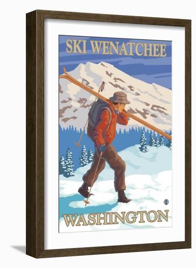 Skier Carrying - Wenatchee, WA-Lantern Press-Framed Premium Giclee Print