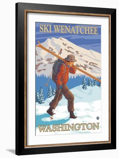 Skier Carrying - Wenatchee, WA-Lantern Press-Framed Premium Giclee Print