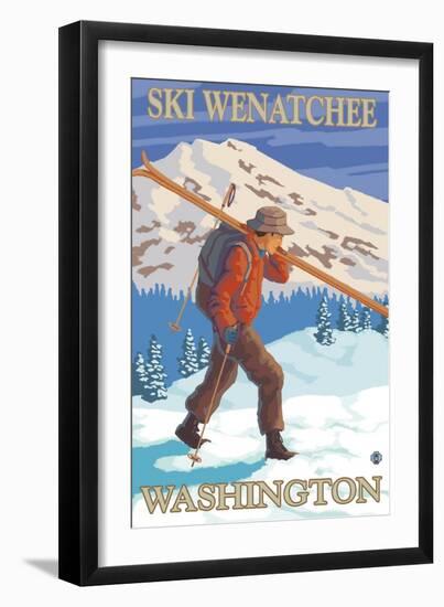 Skier Carrying - Wenatchee, WA-Lantern Press-Framed Premium Giclee Print