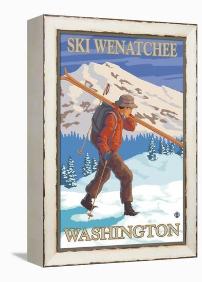 Skier Carrying - Wenatchee, WA-Lantern Press-Framed Stretched Canvas