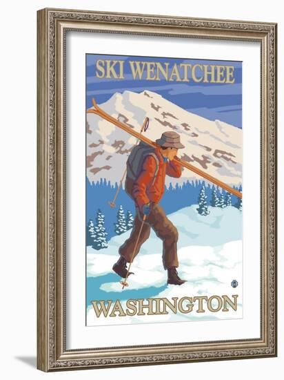 Skier Carrying - Wenatchee, WA-Lantern Press-Framed Art Print