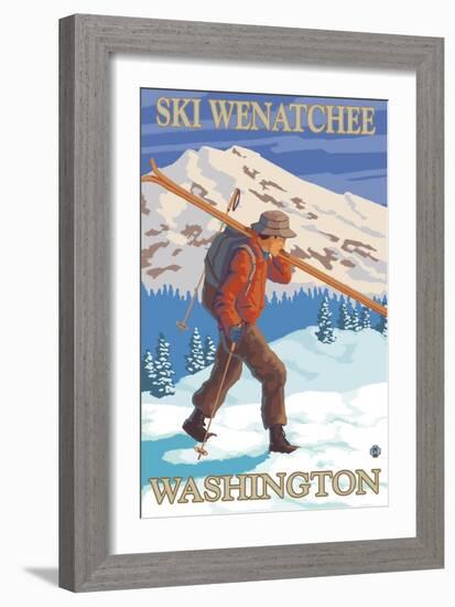 Skier Carrying - Wenatchee, WA-Lantern Press-Framed Art Print