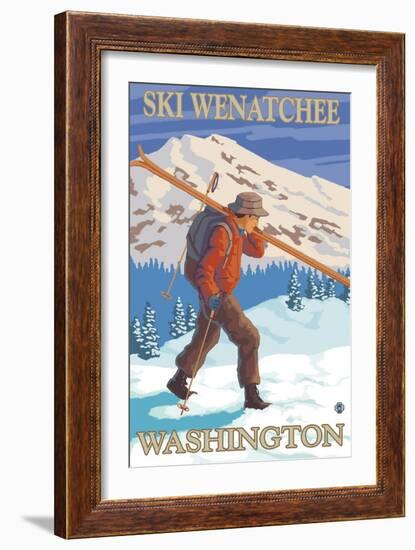 Skier Carrying - Wenatchee, WA-Lantern Press-Framed Art Print