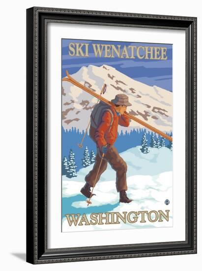 Skier Carrying - Wenatchee, WA-Lantern Press-Framed Art Print