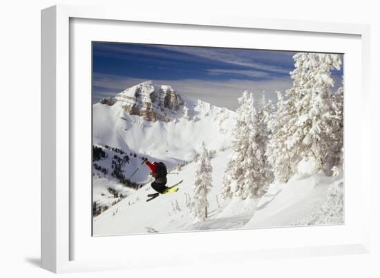 Skier Gets Some Classic Air With Cody Peak In The Background Sunrise Top Of Rendezvous Bowl At JHMR-Jay Goodrich-Framed Premium Photographic Print