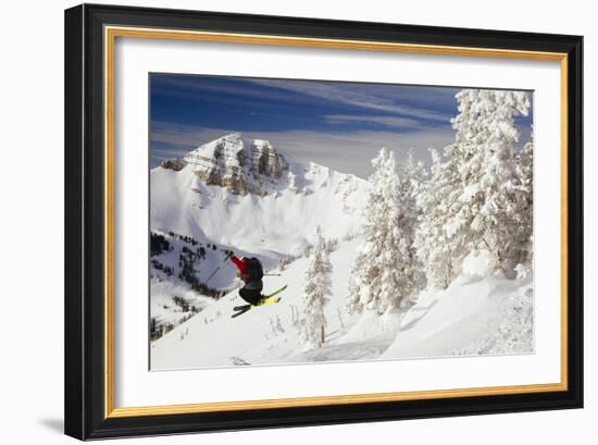 Skier Gets Some Classic Air With Cody Peak In The Background Sunrise Top Of Rendezvous Bowl At JHMR-Jay Goodrich-Framed Premium Photographic Print