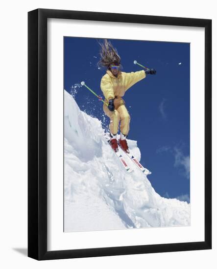 Skier in Yellow with Streaming Hair-null-Framed Photographic Print