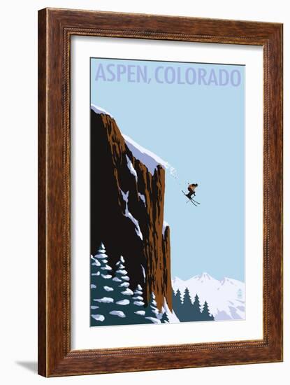 Skier Jumping - Aspen, Colorado-Lantern Press-Framed Art Print