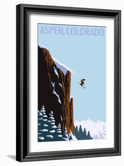 Skier Jumping - Aspen, Colorado-Lantern Press-Framed Art Print