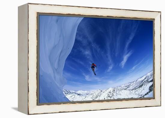 Skier Jumping from Mountain Ledge-null-Framed Stretched Canvas