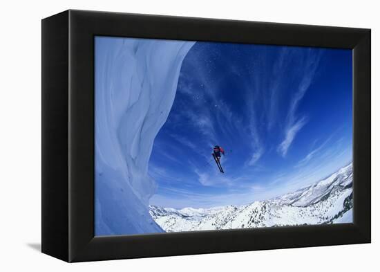 Skier Jumping from Mountain Ledge-null-Framed Stretched Canvas