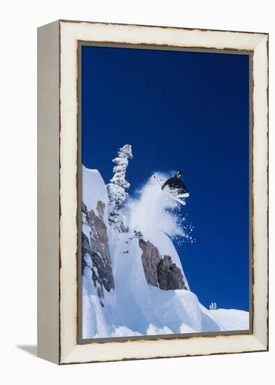 Skier Jumping from Mountain Ledge-null-Framed Stretched Canvas