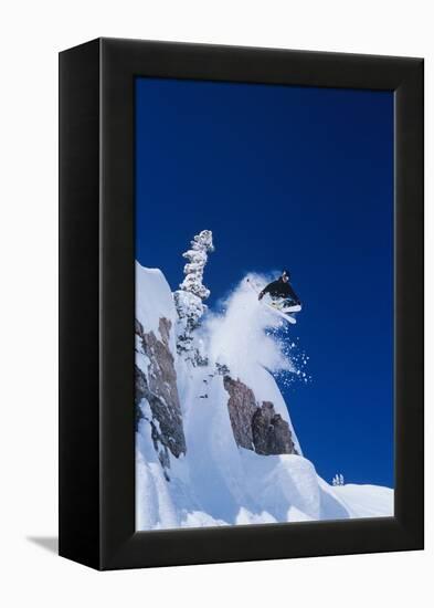 Skier Jumping from Mountain Ledge-null-Framed Stretched Canvas