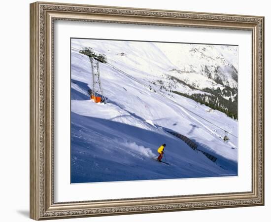 Skier on Slopes Above Village of Solden in Tirol Alps, Tirol, Austria-Richard Nebesky-Framed Photographic Print