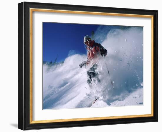 Skier with Snow Flying Up-null-Framed Photographic Print