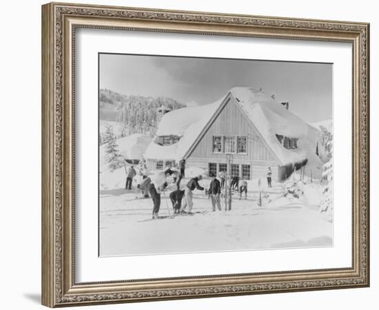 Skiers at the Stevens Pass ski lodge Photograph - Seattle, WA-Lantern Press-Framed Art Print