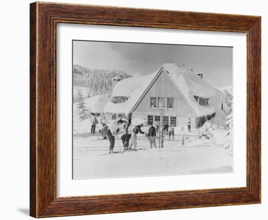 Skiers at the Stevens Pass ski lodge Photograph - Seattle, WA-Lantern Press-Framed Art Print