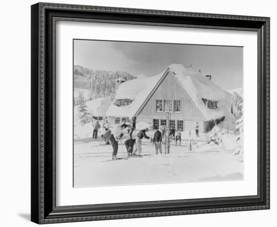 Skiers at the Stevens Pass ski lodge Photograph - Seattle, WA-Lantern Press-Framed Art Print