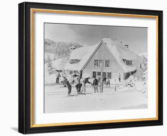 Skiers at the Stevens Pass ski lodge Photograph - Seattle, WA-Lantern Press-Framed Art Print